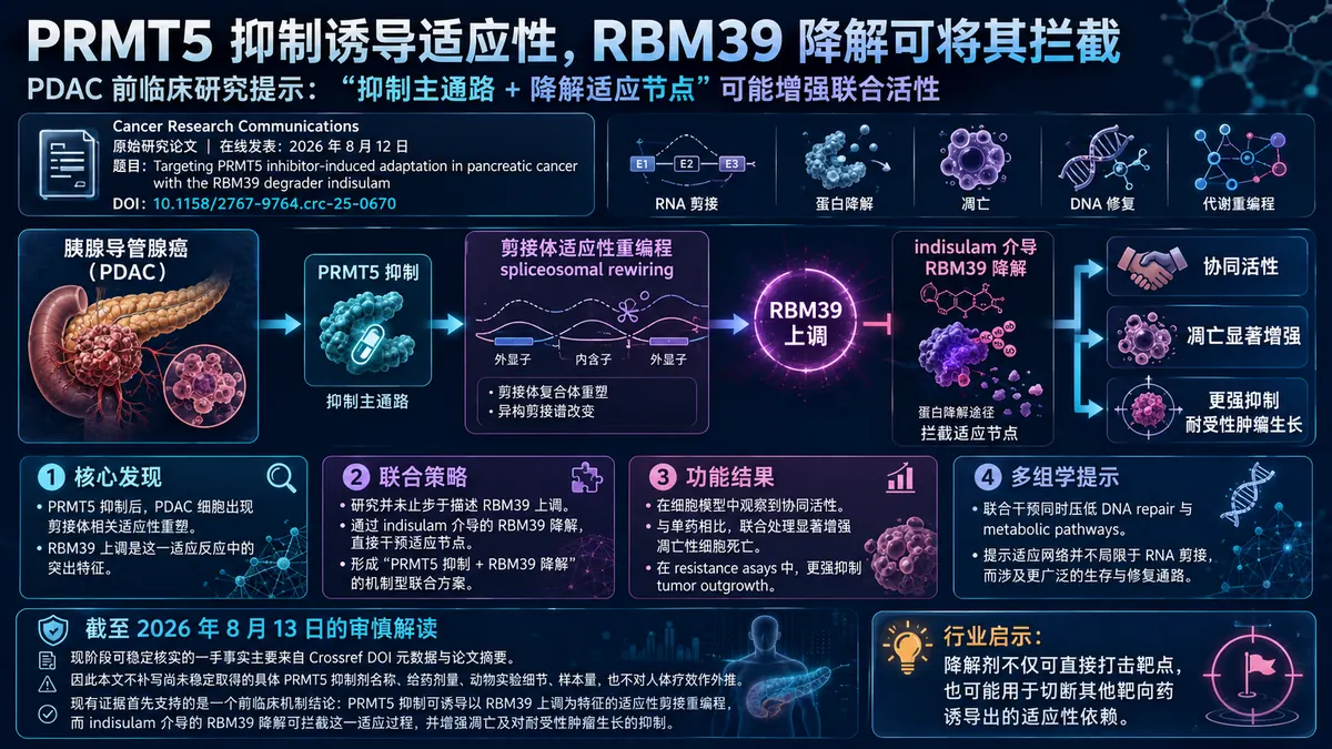 论文速览:PRMT5 抑制适应性可被 indisulam 介导的 RBM39 降解拦截,在胰腺癌模型中增强凋亡并抑制肿瘤生长