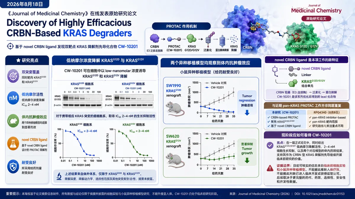 论文速览：CRBN 型 KRAS 降解剂 CW-10201 覆盖 G12D/G12V 并在异种移植模型实现抑瘤