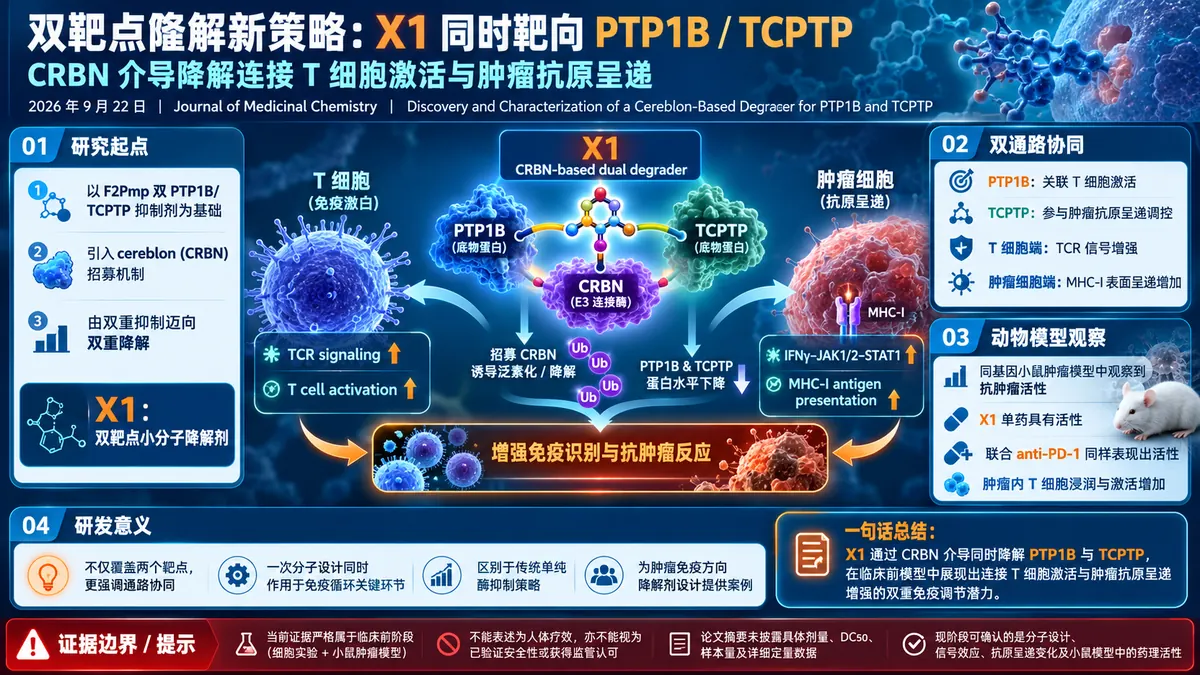 论文速览:CRBN 降解剂 X1 同时靶向 PTP1B 与 TCPTP,增强抗原呈递和抗 PD-1 反应