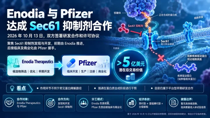 公司新闻：Enodia 与 Pfizer 就 Sec61 靶向小分子签署研发合作及许可协议