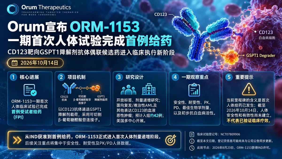 公司新闻:Orum的CD123-GSPT1降解剂抗体偶联物ORM-1153完成一期首例给药